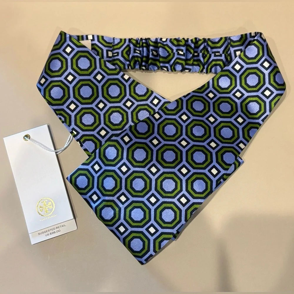 Tory Burch Silk Headband in Blue and Green Geometric Octagon Print. NWT.